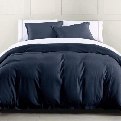 HiEnd Accents Hera Washed Linen Flange Comforter Set, Navy Blue, Queen