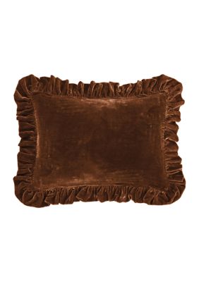 HiEnd Accents Stella Faux Silk Velvet Romantic Western Ruffled Oblong Pillow, 16"x21", Brown