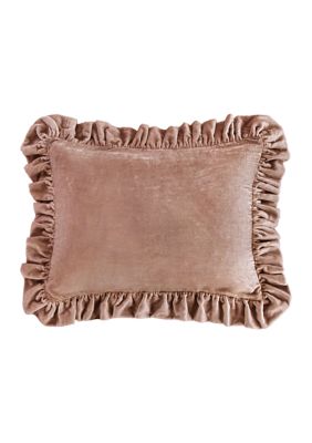 HiEnd Accents Stella Faux Silk Velvet Romantic Western Ruffled Oblong Pillow, 16"x21", Dusty Rose