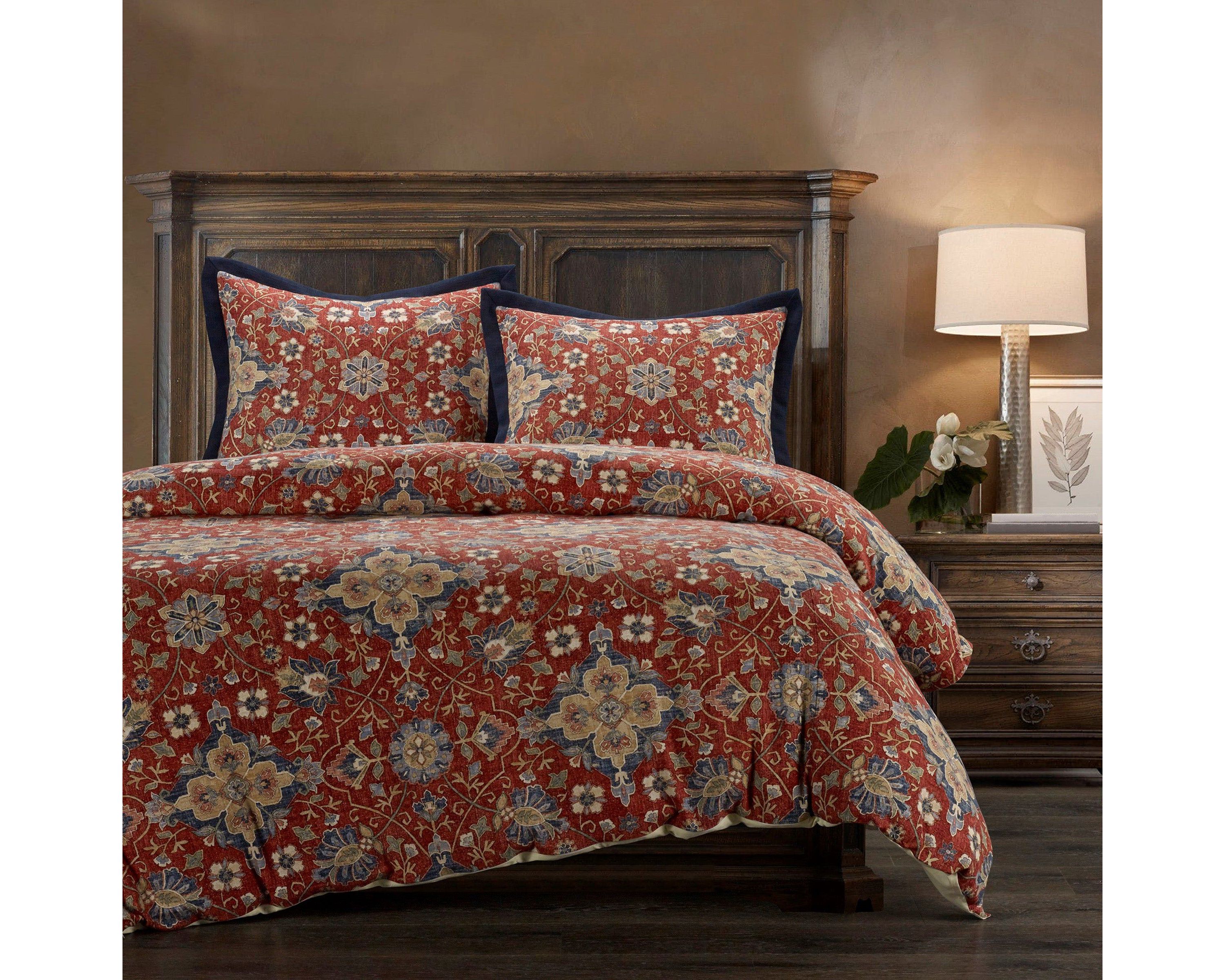Melinda Washed Linen Vintage Floral Medallion Duvet Cover Set, 3 Piece
