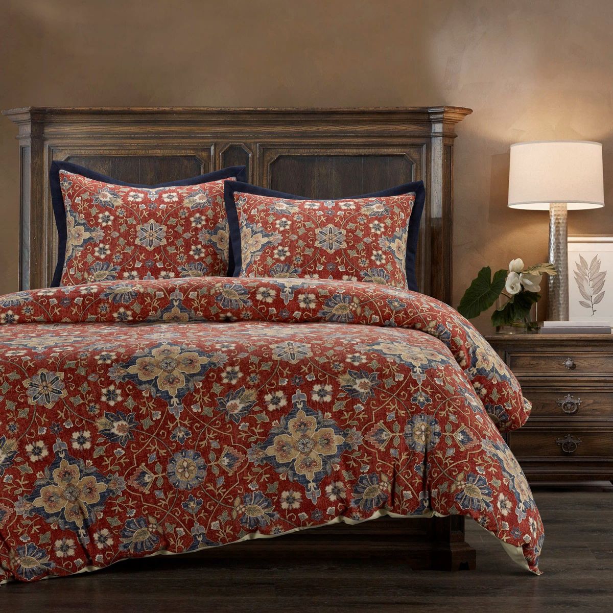 Melinda Washed Linen Vintage Floral Medallion Comforter Set, 3 Piece