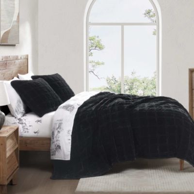 HiEnd Accents Stella Faux Silk Velvet Double Box Stitch Modern Rustic 3 Piece Quilt Set, Black, King/California King