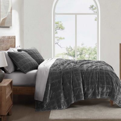 HiEnd Accents Stella Faux Silk Velvet Double Box Stitch Modern Rustic 3 Piece Quilt Set, Full/Queen