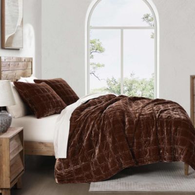 HiEnd Accents Stella Faux Silk Velvet Double Box Stitch Modern Rustic 3 Piece Quilt Set, Brown, Full/Queen