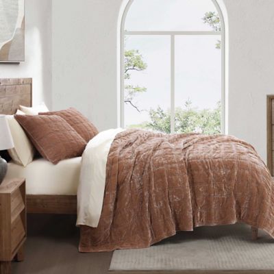 HiEnd Accents Stella Faux Silk Velvet Double Box Stitch Modern Rustic 3 Piece Quilt Set, Dusty Rose, Full/Queen