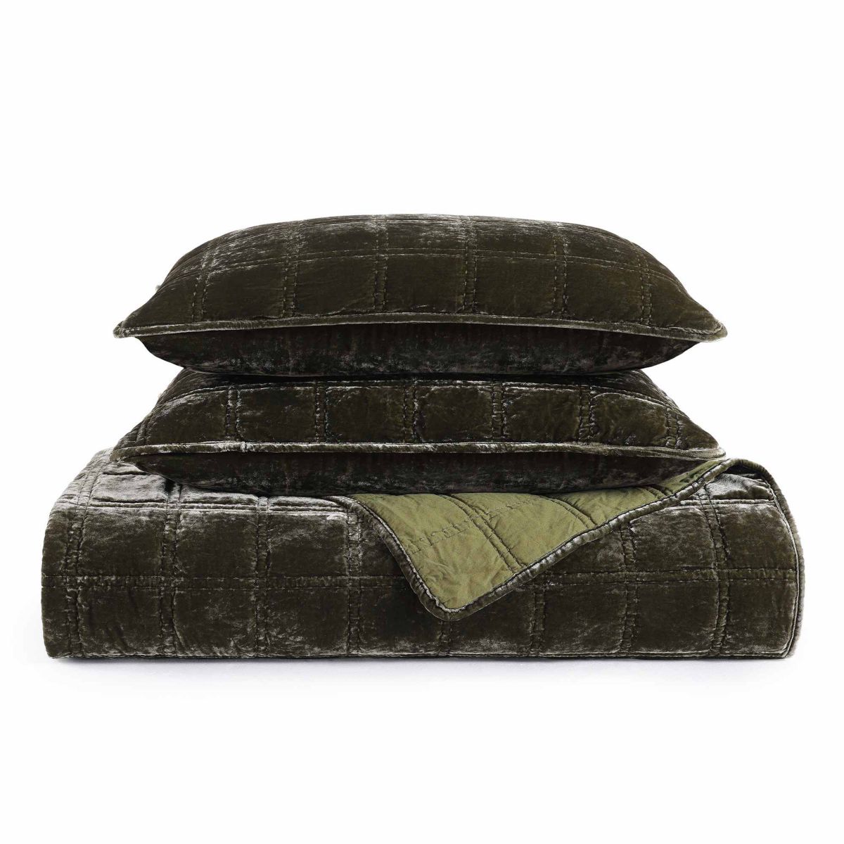 HiEnd Accents Stella Faux Silk Velvet Double Box Stitch Modern Rustic 3 Piece Quilt Set