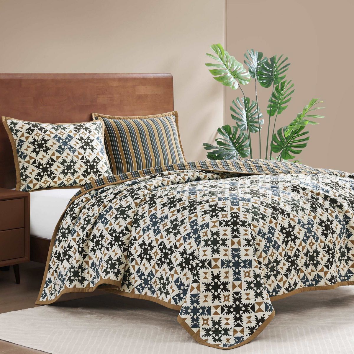 Indigo Hill by HiEnd Accents Mosaic Western Bedding Reversible Geometric Print 3 Piece Quilt Set