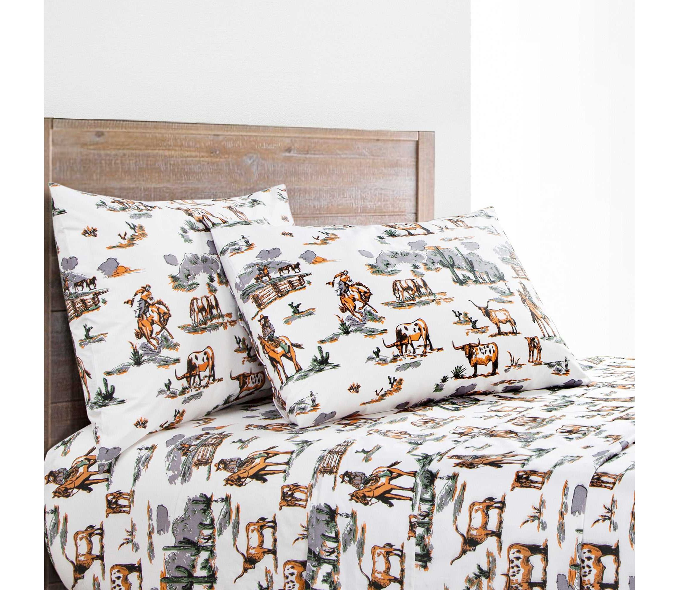Paseo Road Ranch Life 200TC Cotton Western Rustic Cowboy Animal Toile 4 Piece Sheet Set