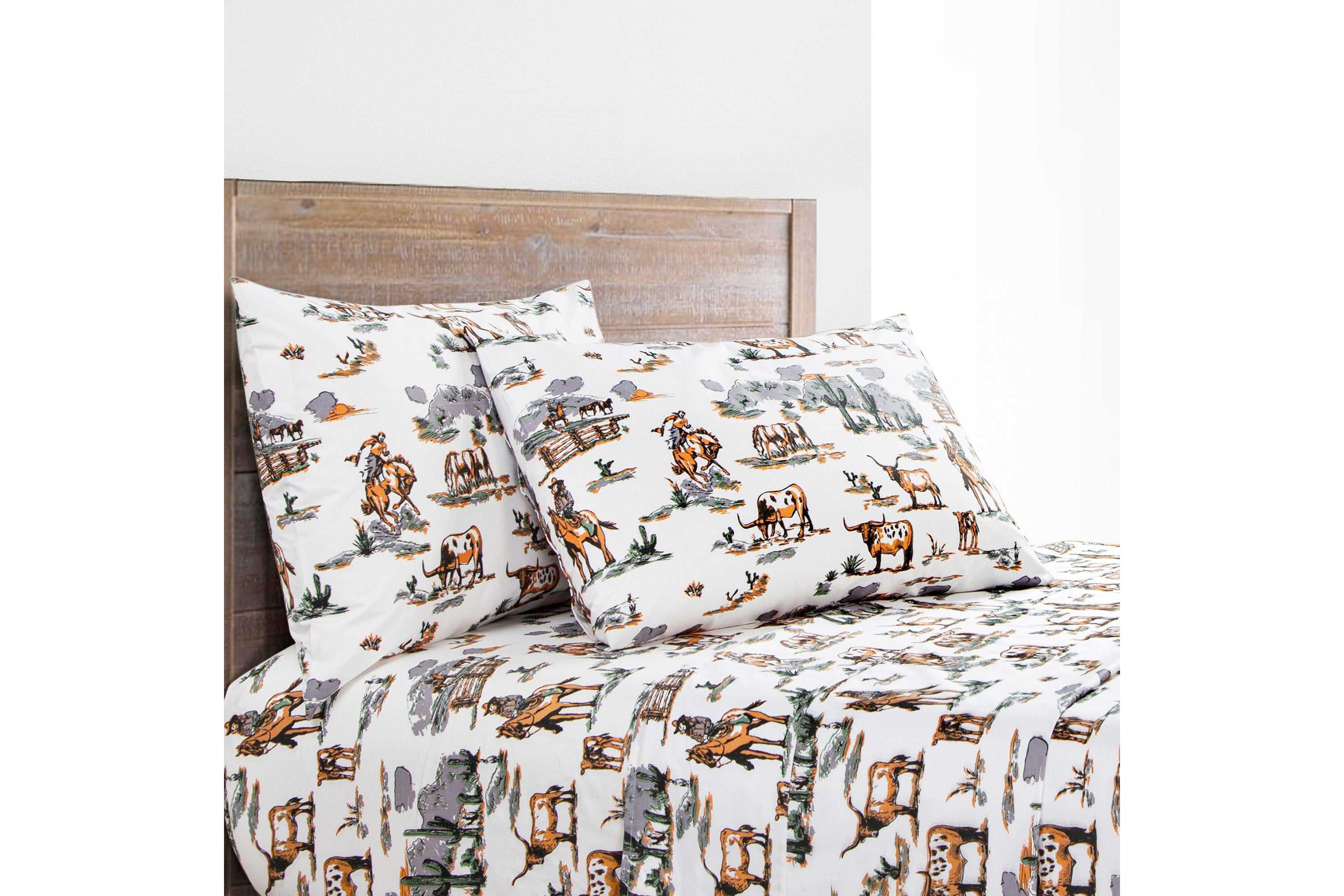 Paseo Road Ranch Life 200TC Cotton Western Rustic Cowboy Animal Toile 4 Piece Sheet Set