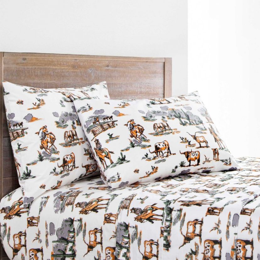 Paseo Road Ranch Life 200TC Cotton Western Rustic Cowboy Animal Toile 4 Piece Sheet Set