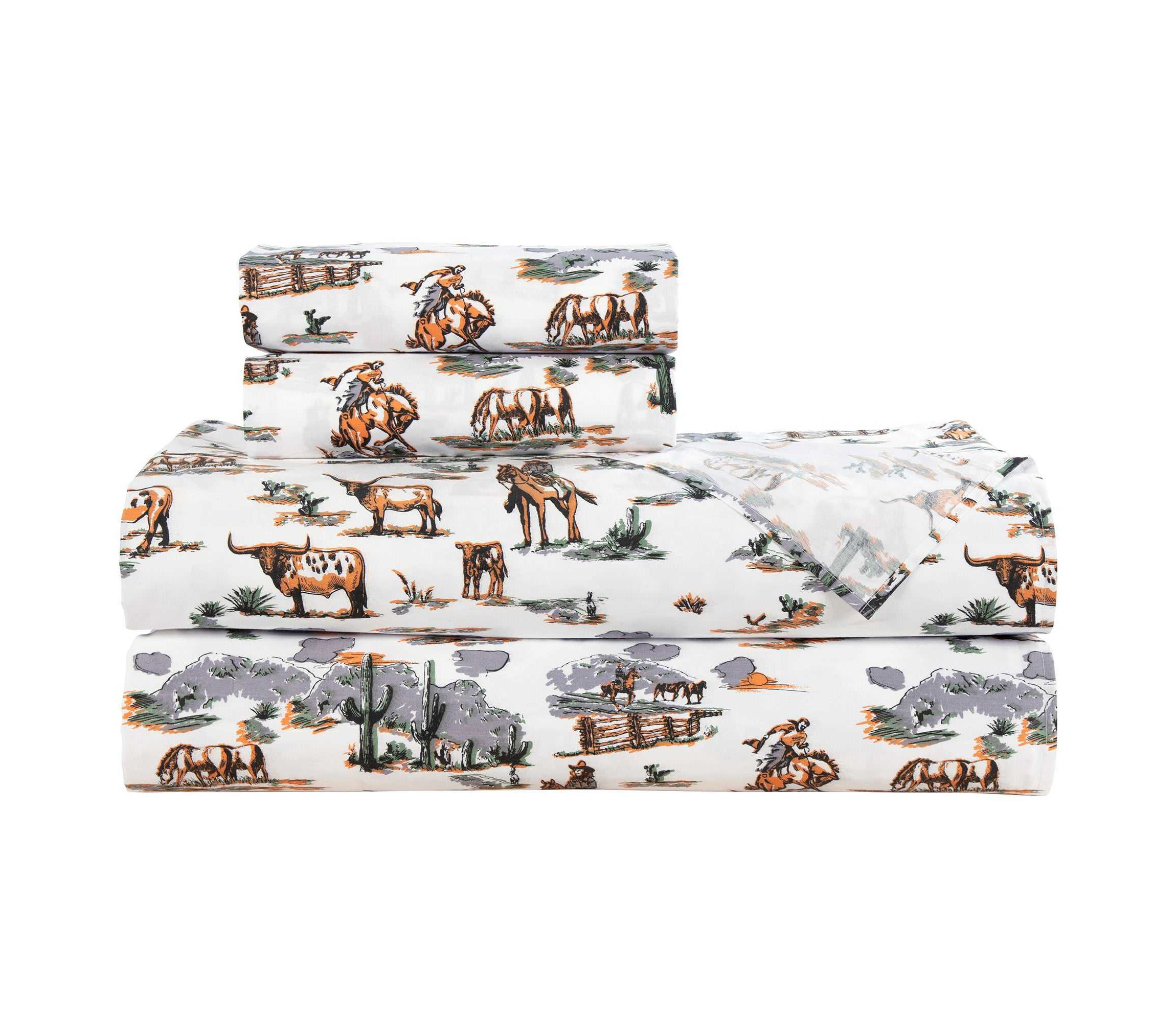 Paseo Road Ranch Life 200TC Cotton Western Rustic Cowboy Animal Toile 4 Piece Sheet Set