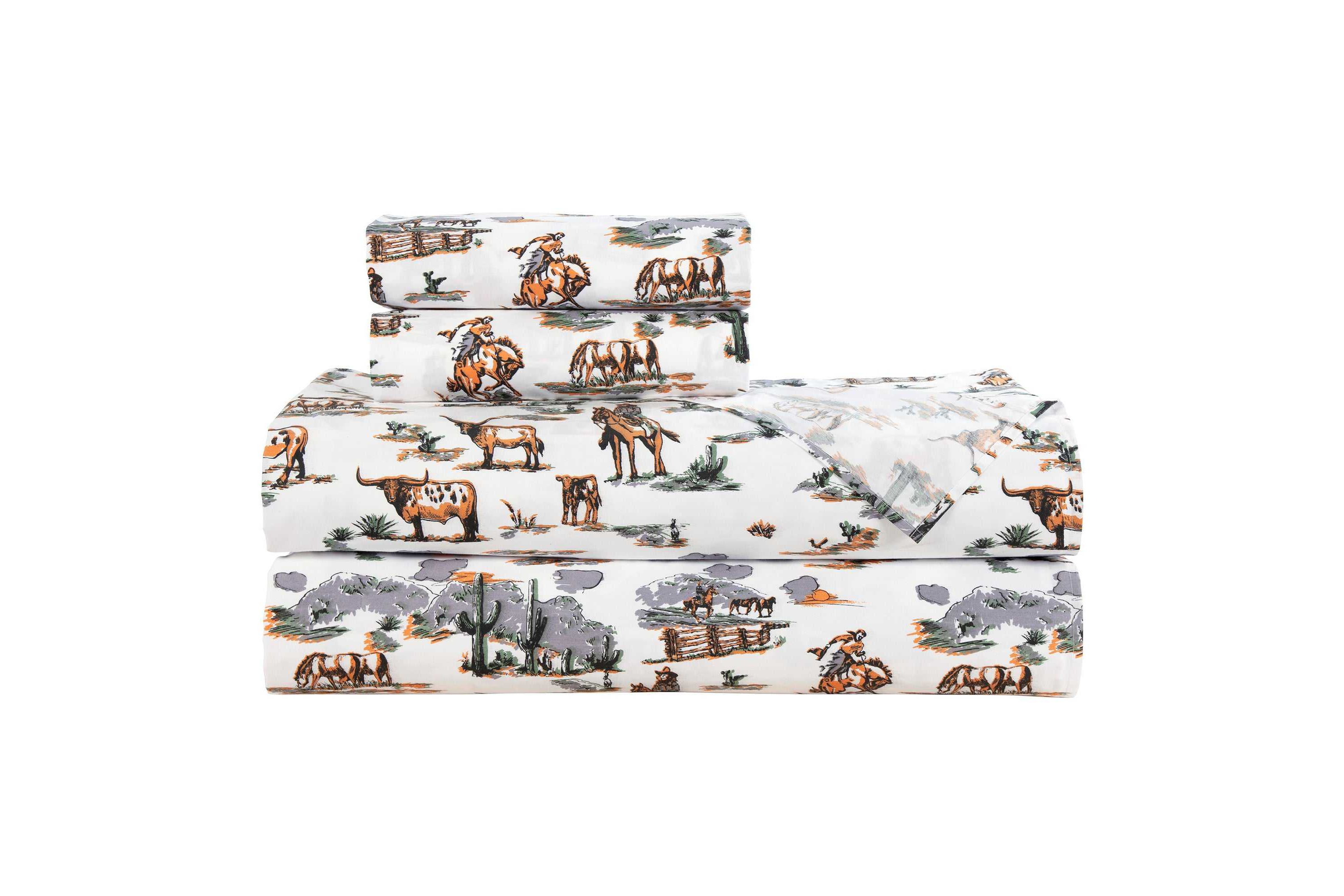 Paseo Road Ranch Life 200TC Cotton Western Rustic Cowboy Animal Toile 4 Piece Sheet Set