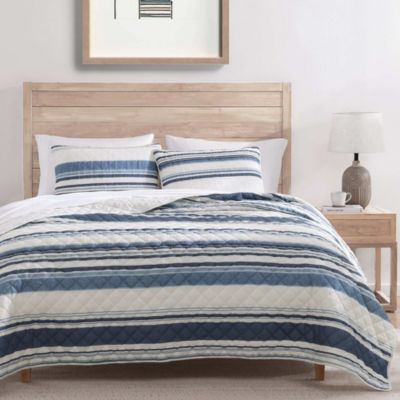 Indigo Hill by HiEnd Accents Mystic Stripe 100% Cotton Printed Gauze Quilt Set, Navy Blue, Full/Queen