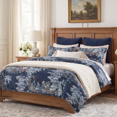 HiEnd Accents Provence Soft Washed Linen Blend Comforter Set, Victorian Toile Print, Classic Vintage Shabby Chic Bedding, Navy Blue, Queen