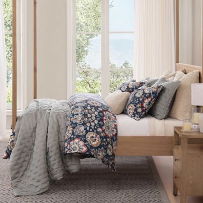 HiEnd Accents Derby Washed Linen Blend Comforter Set, Navy Vintage English Floral Print, Classic Traditional Bedding, King/California King