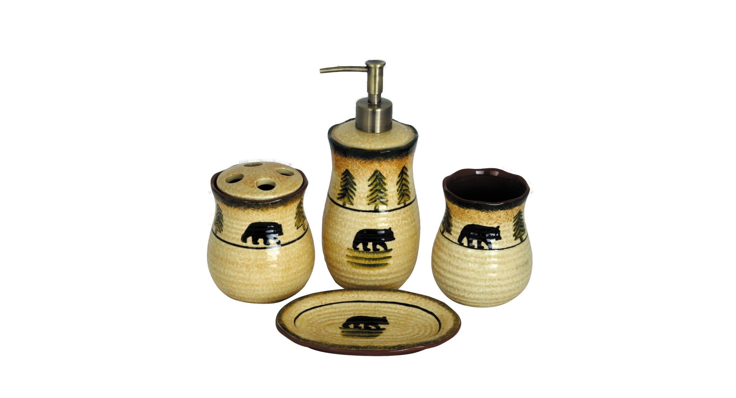 Rustic Bear Ceramic Forest Countertop Bathroom Set
