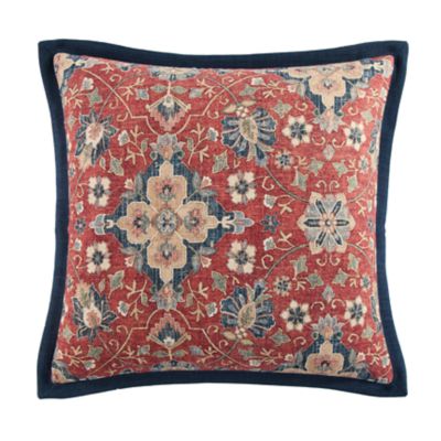 HiEnd Accents Melinda Washed Linen Blend Euro Sham, Red Navy Vintage Floral Medallion Print, Western Modern Rustic Classic Bedding