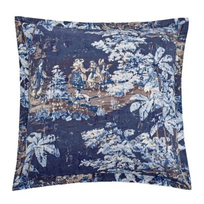 HiEnd Accents Provence Soft Washed Linen Blend Euro Sham, Gold Yellow Victorian Toile Print, Classic Vintage Shabby Chic Bedding, 27"x27", Navy Blue