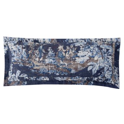 HiEnd Accents Provence Soft Washed Linen Blend Lumbar Pillow 14" x 36", Victorian Toile Print, Classic Vintage Shabby Chic Bedding, Navy Blue