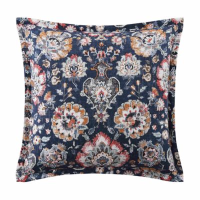 HiEnd Accents Derby Washed Linen Blend Euro Sham 27x27, Navy Vintage English Floral Print, Classic Traditional Bedding