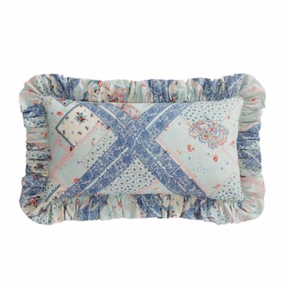Tasha Polizzi for Paseo Road Mirabelle Ruffled Lumbar Pillow, 14" x 26", Blue Paisley Floral Patchwork Prairie Print, Reversible Americana Western