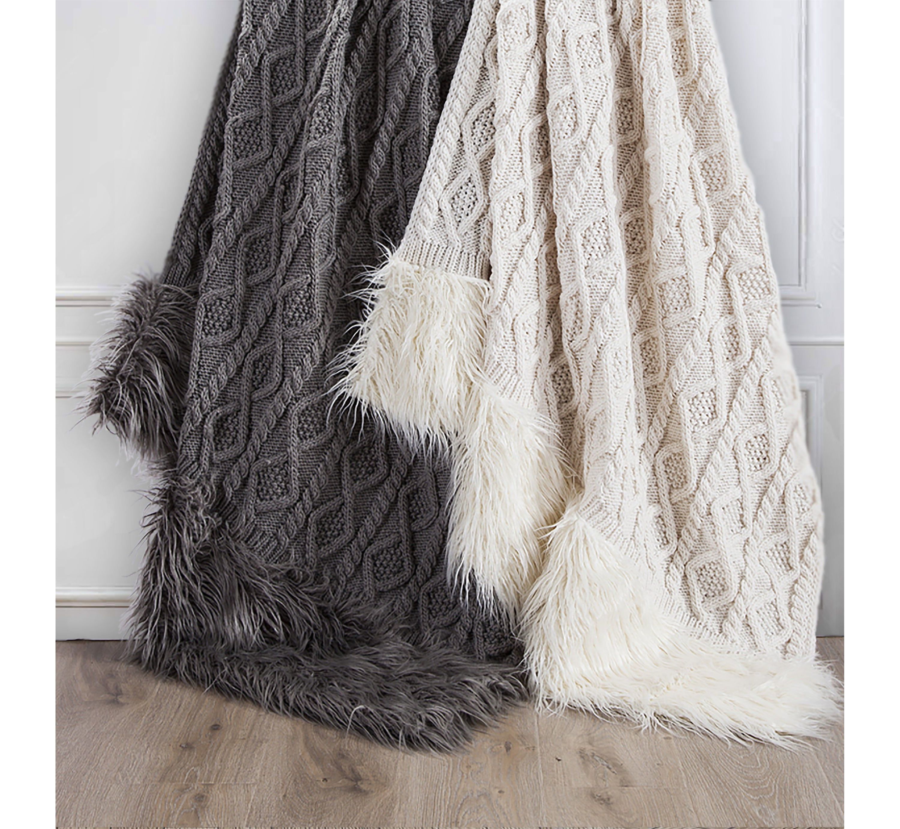 Nordic Cable Knit & Mongolian Fur Throw Blanket