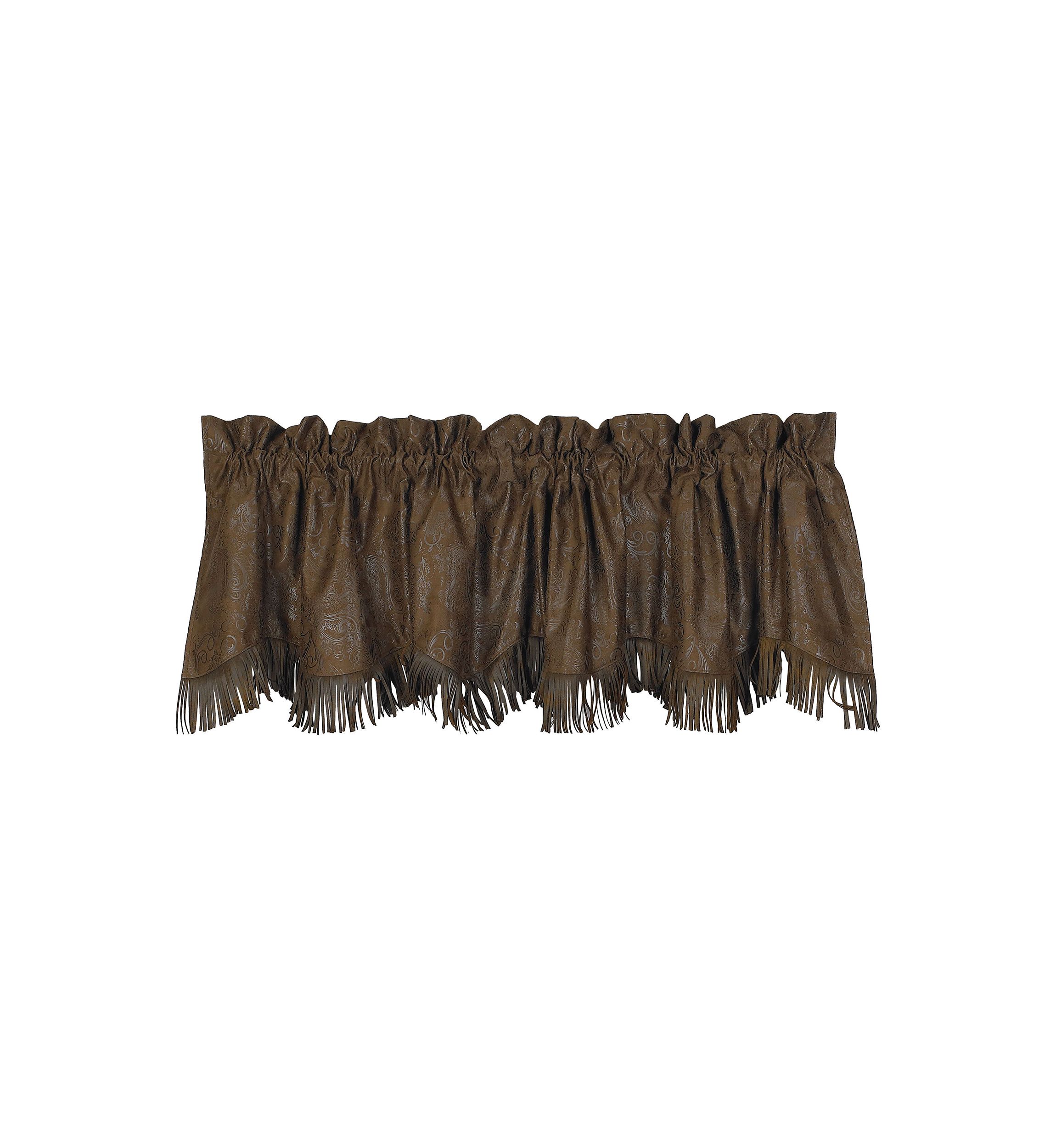 Chocolate Tooled Faux Leather Kitchen Valance with Fringe
