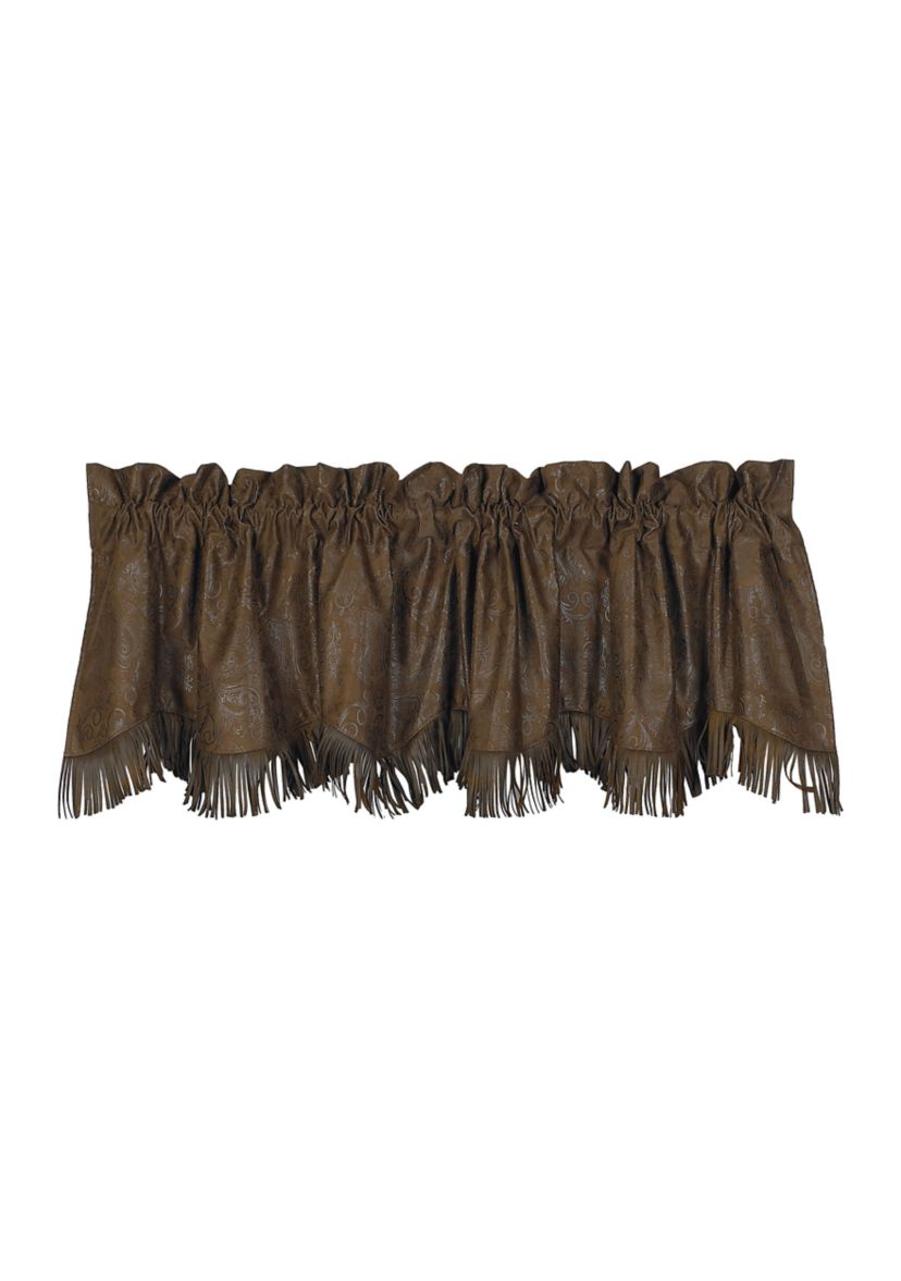 Chocolate Tooled Faux Leather Kitchen Valance with Fringe