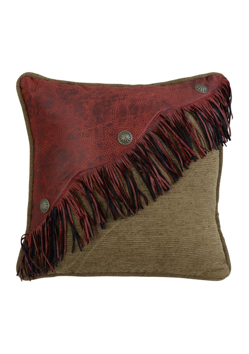 San Angelo Red Diagonal Faux Leather Design with Fringe & Concho Pillow
