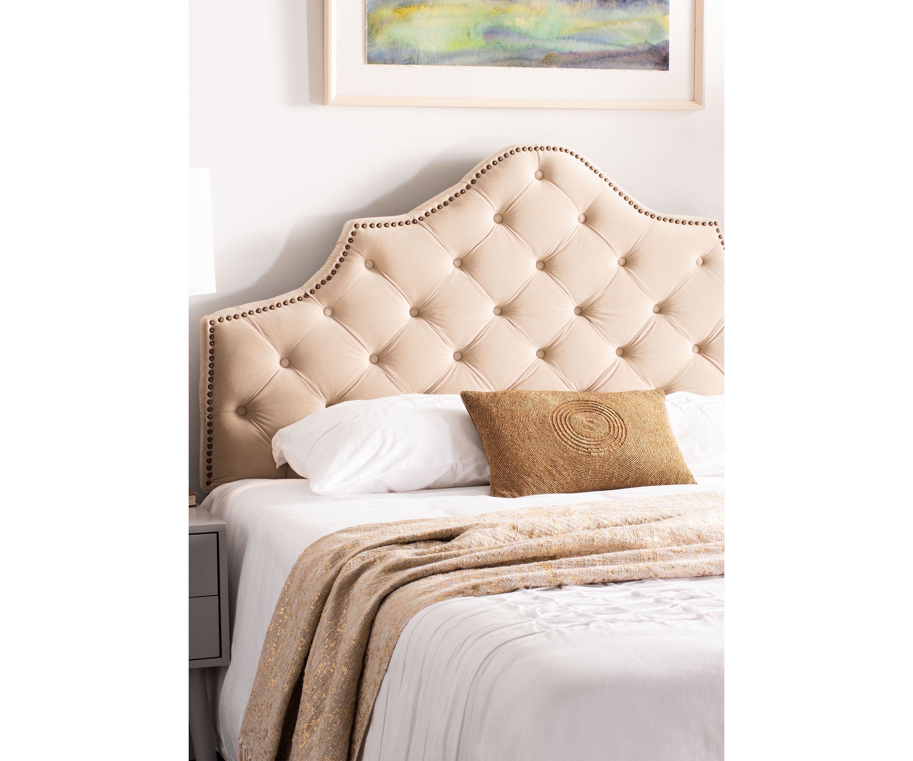 Arebelle Buckwheat Velvet Headboard  - Brass Nailhead