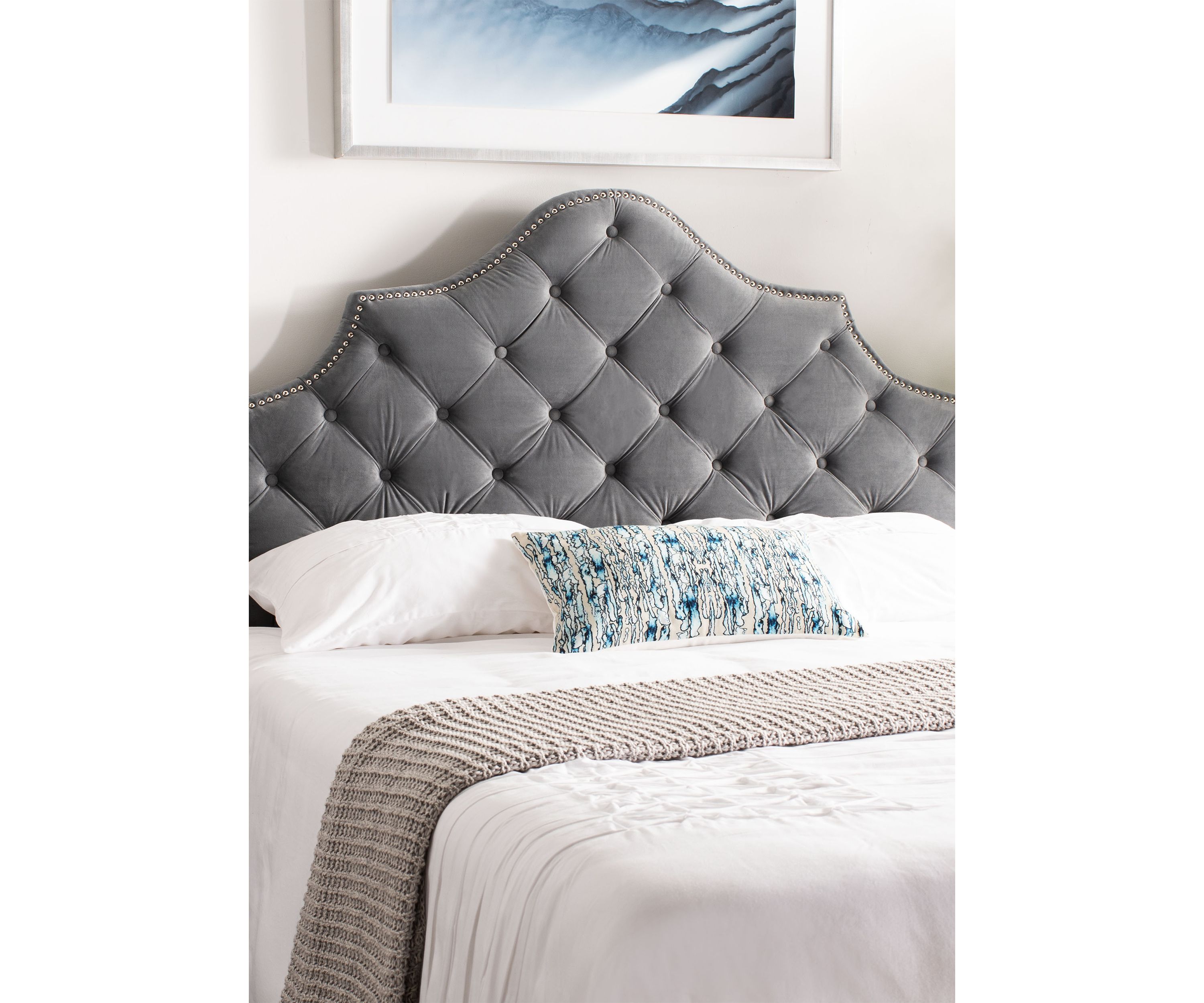 Arebelle Pewter Velvet Tufted Headboard - Silver Nailhead