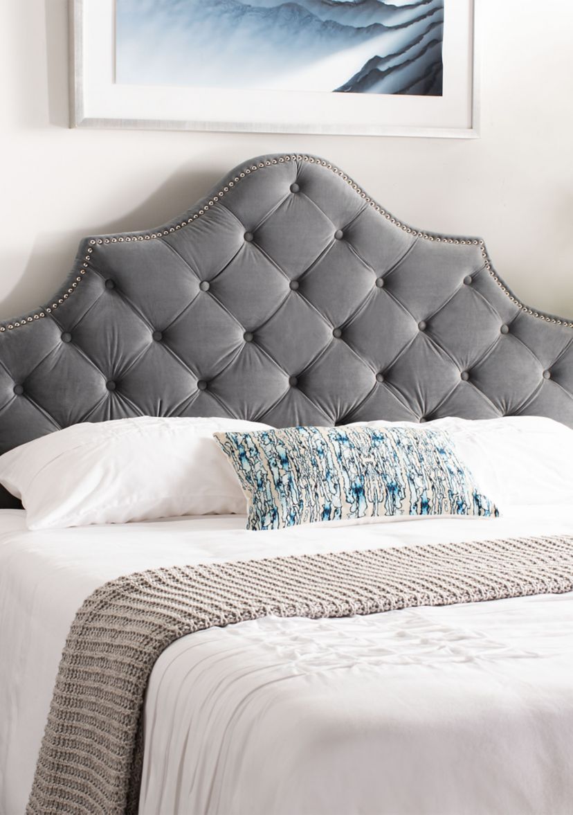 Arebelle Pewter Velvet Tufted Headboard - Silver Nailhead