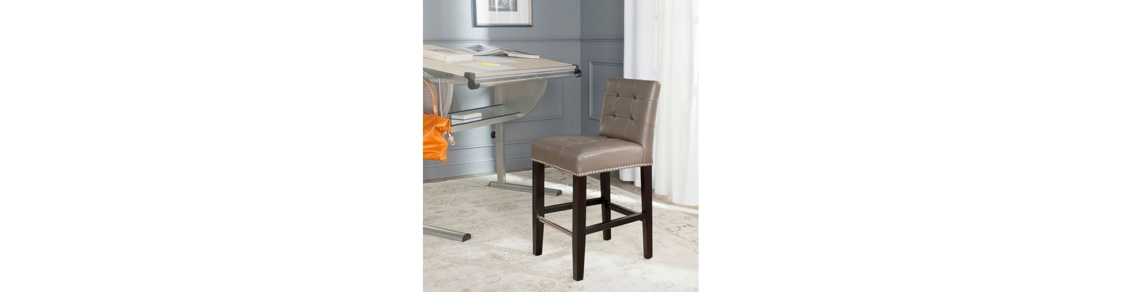 Thompson 23.9" Leather Counter Stool W/ Silver Nailheads