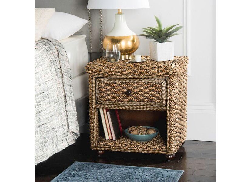Musa Braided Brown Wash Wicker Nightstand With Drawer And 8"H Storage