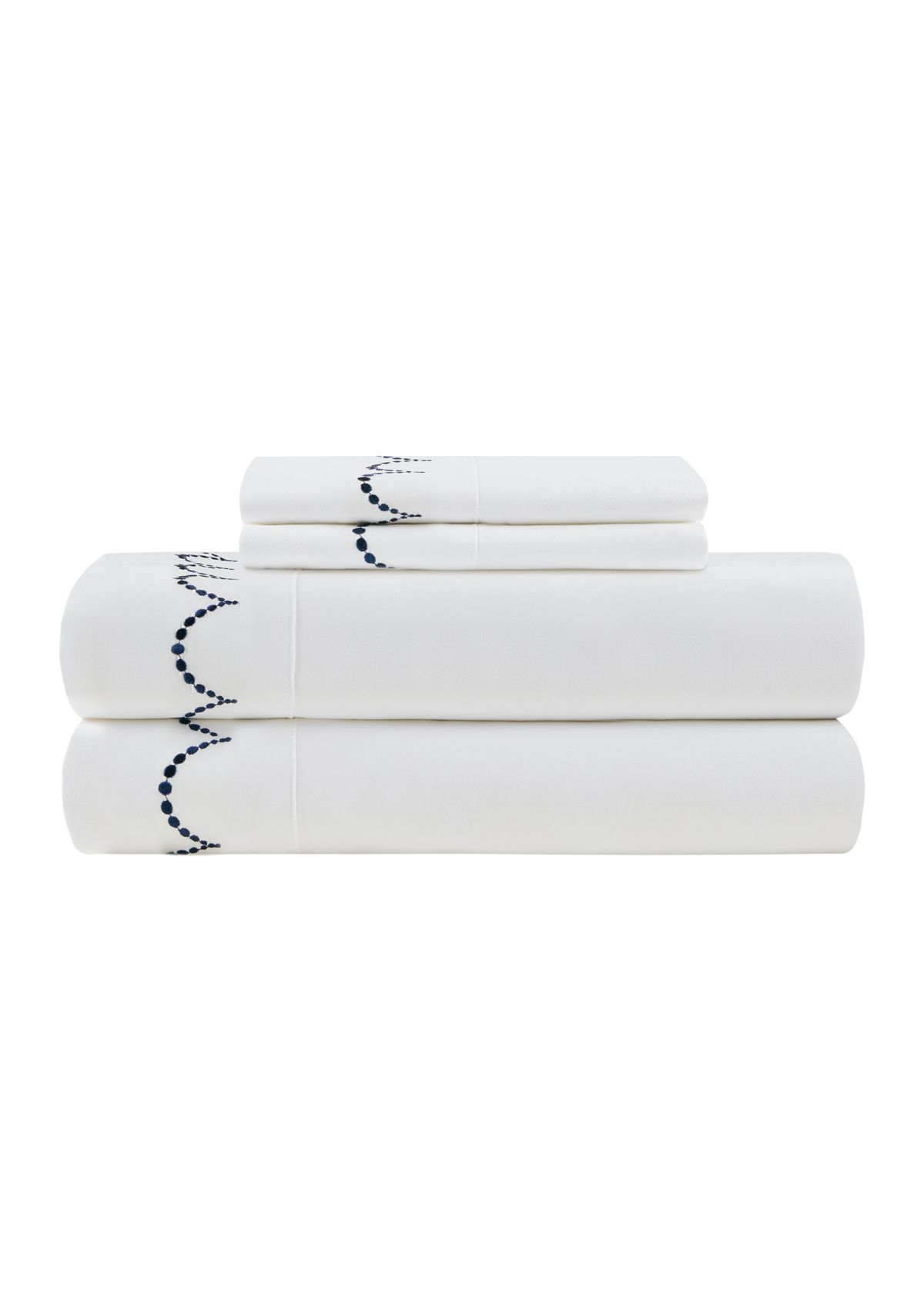 Embroidered Navy Scallop Sheet Set