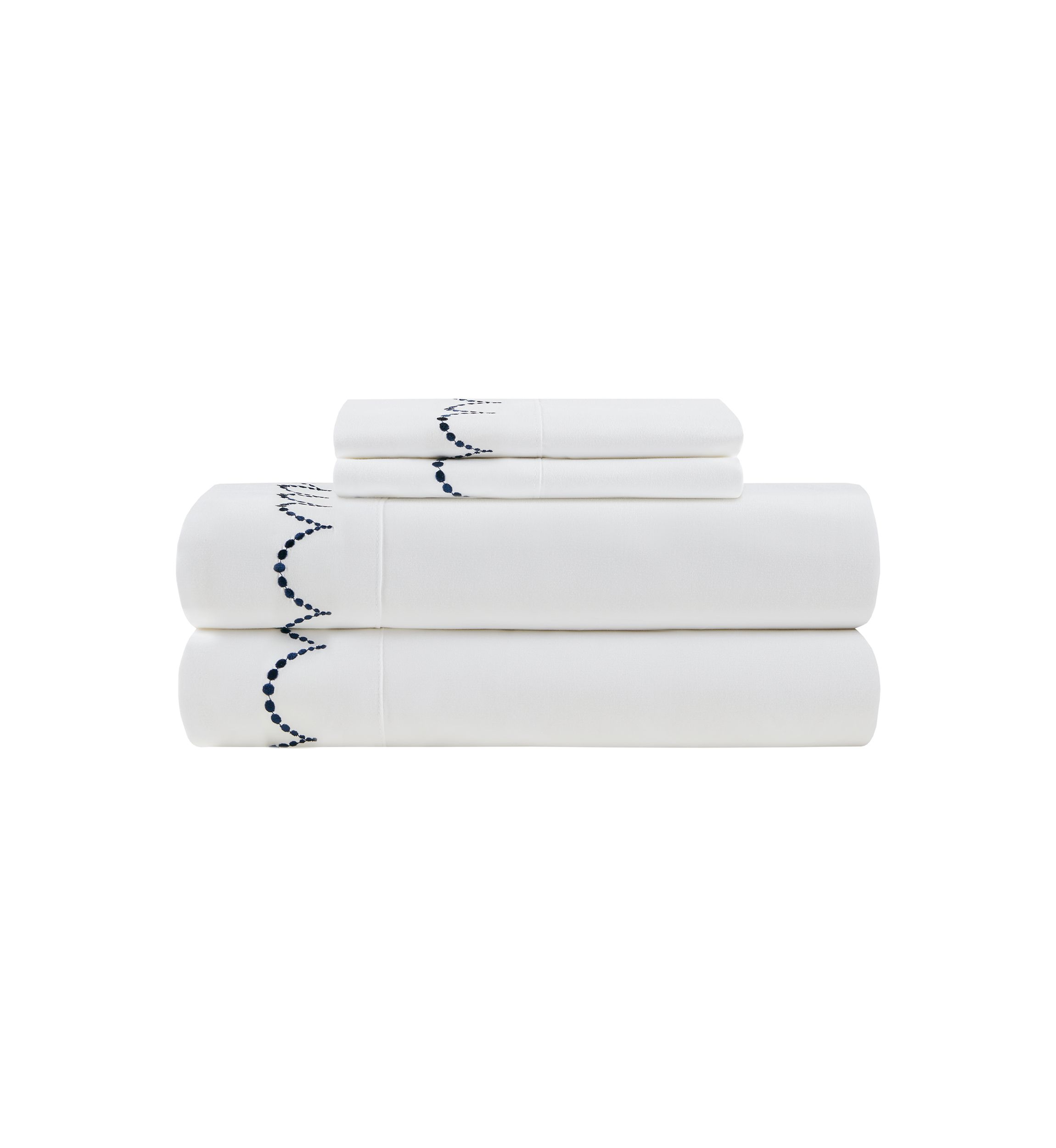 Embroidered Navy Scallop Sheet Set
