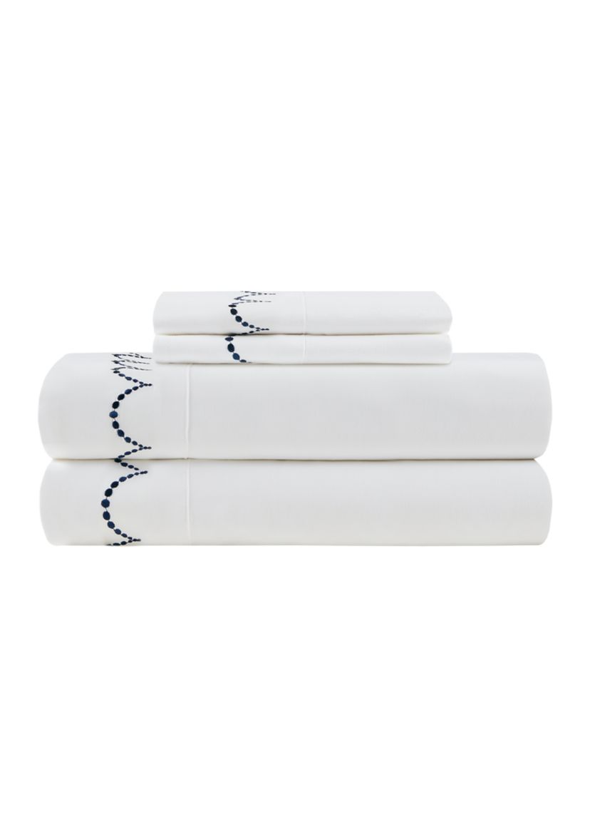 Embroidered Navy Scallop Sheet Set
