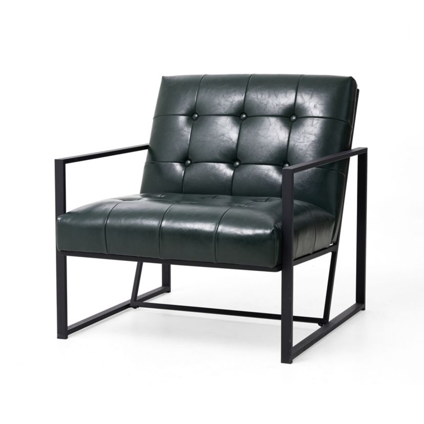 Mid-Century Modern Hunter Green Leatherette Button-tufted Accent Arm Chair with Black Metal Frame