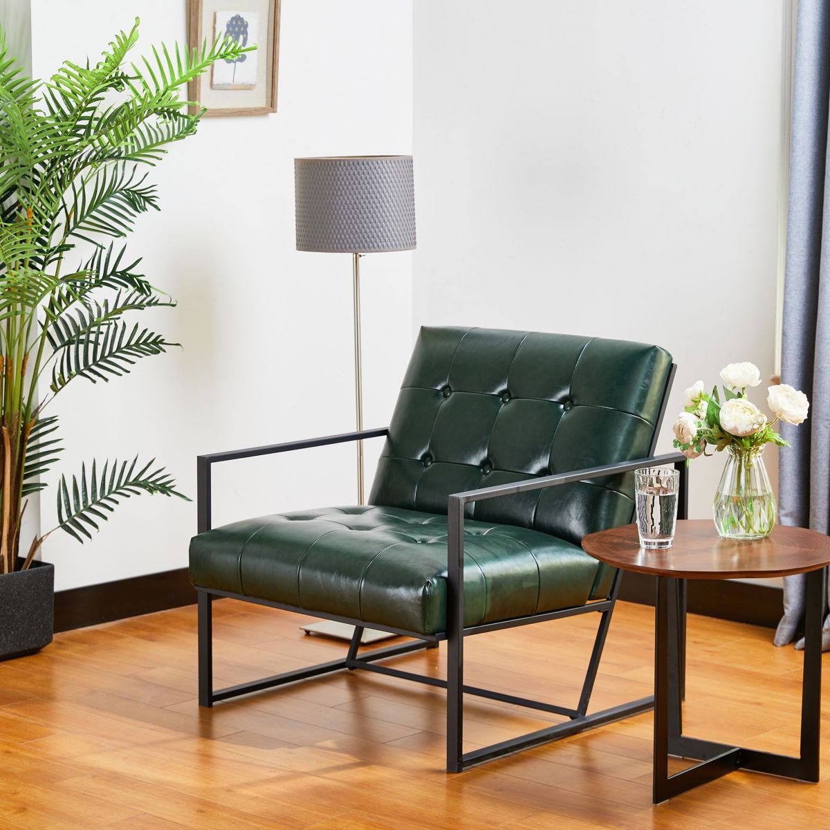 Mid-Century Modern Hunter Green Leatherette Button-tufted Accent Arm Chair with Black Metal Frame