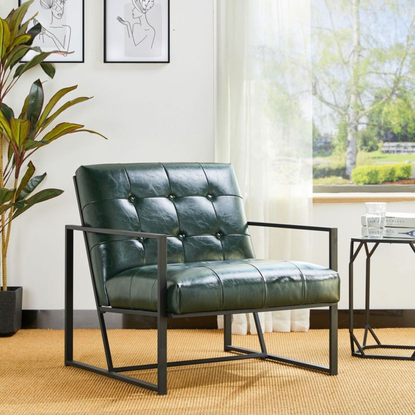 Mid-Century Modern Hunter Green Leatherette Button-tufted Accent Arm Chair with Black Metal Frame