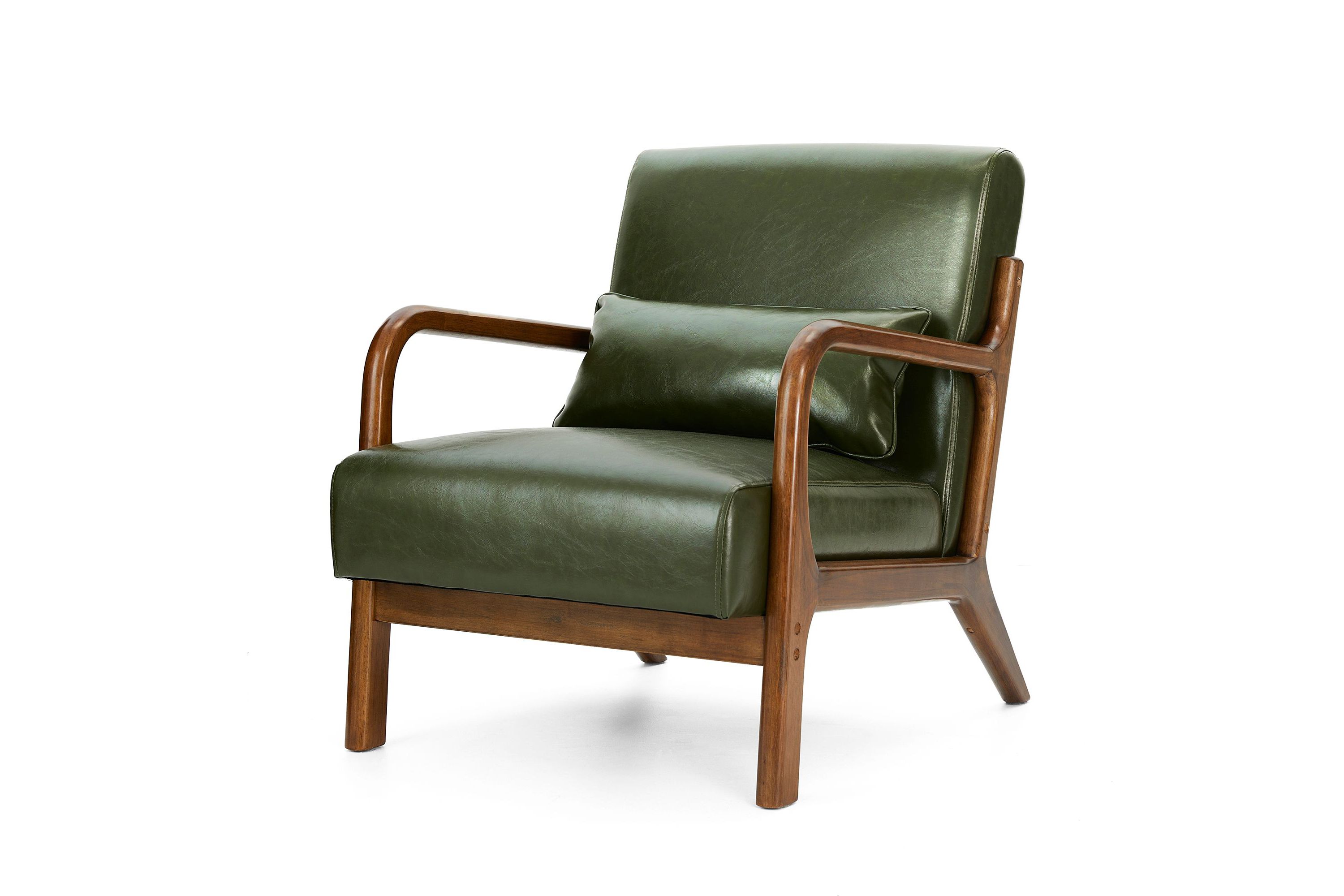 Mid-century Modern Navy Blue Leatherette Accent Armchair with Walnut Rubberwood frame