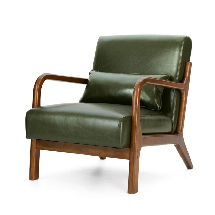 Mid-century Modern Navy Blue Leatherette Accent Armchair with Walnut Rubberwood frame