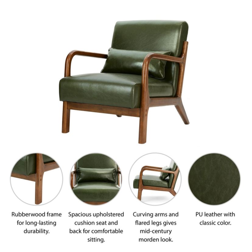 Mid-century Modern Navy Blue Leatherette Accent Armchair with Walnut Rubberwood frame