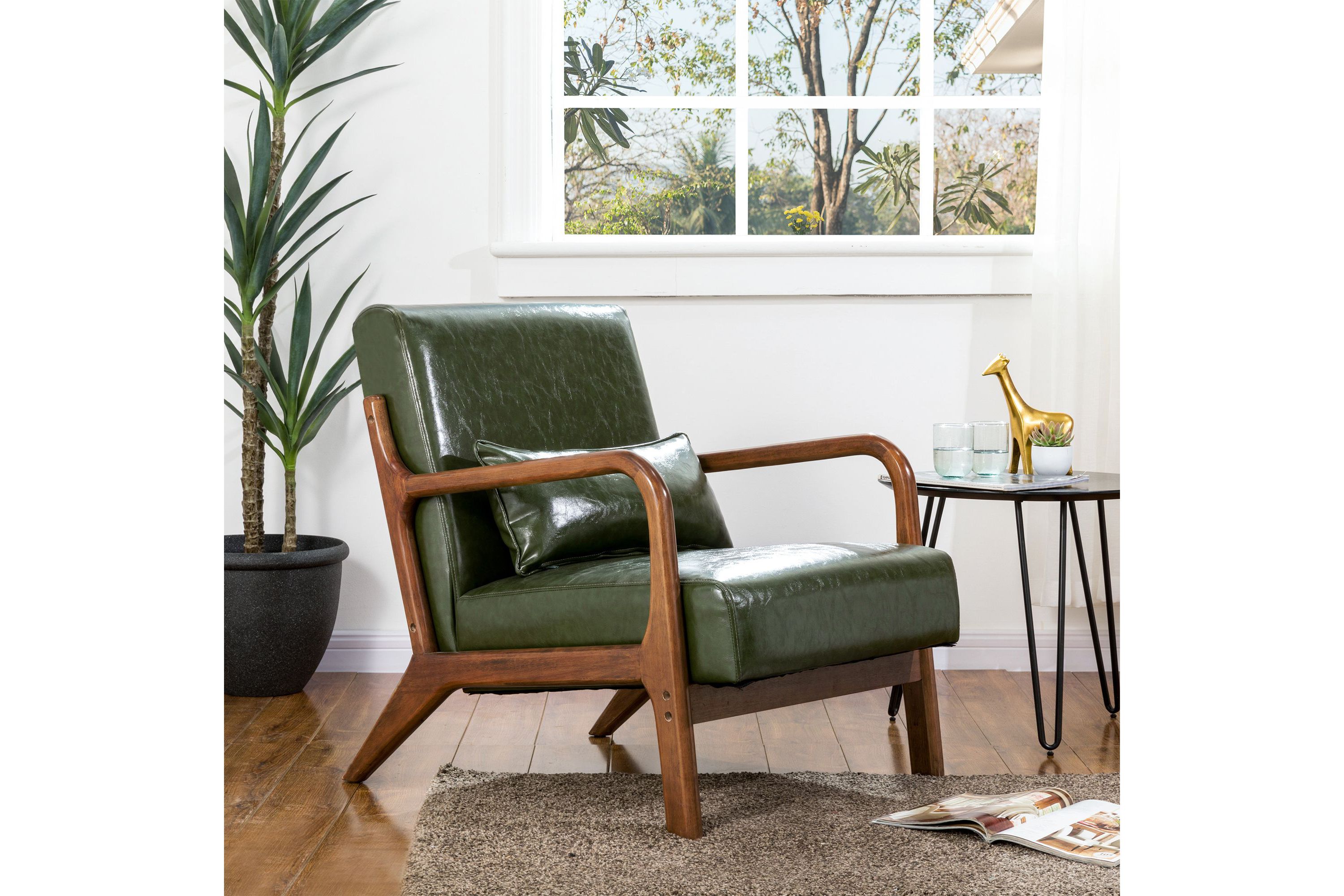 Mid-century Modern Navy Blue Leatherette Accent Armchair with Walnut Rubberwood frame