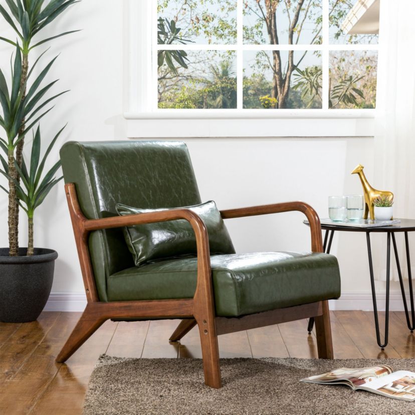 Mid-century Modern Navy Blue Leatherette Accent Armchair with Walnut Rubberwood frame