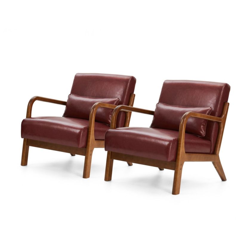 Set of 2 Mid-century Modern Navy Blue Leatherette Accent Armchair with Walnut Rubberwood frame