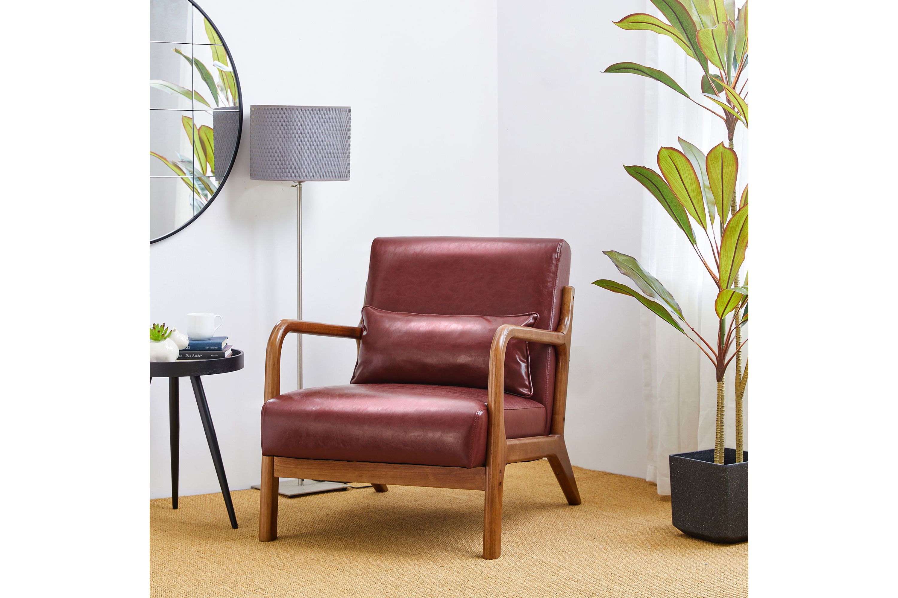Set of 2 Mid-century Modern Navy Blue Leatherette Accent Armchair with Walnut Rubberwood frame