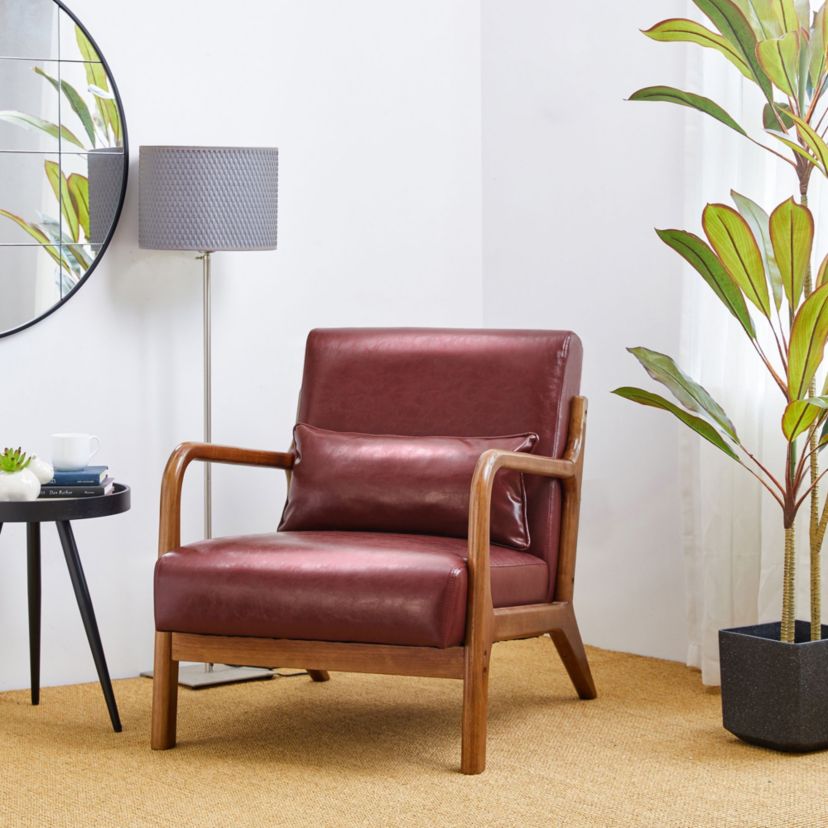 Set of 2 Mid-century Modern Navy Blue Leatherette Accent Armchair with Walnut Rubberwood frame