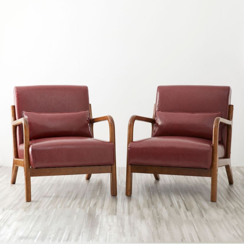 Set of 2 Mid-century Modern Navy Blue Leatherette Accent Armchair with Walnut Rubberwood frame