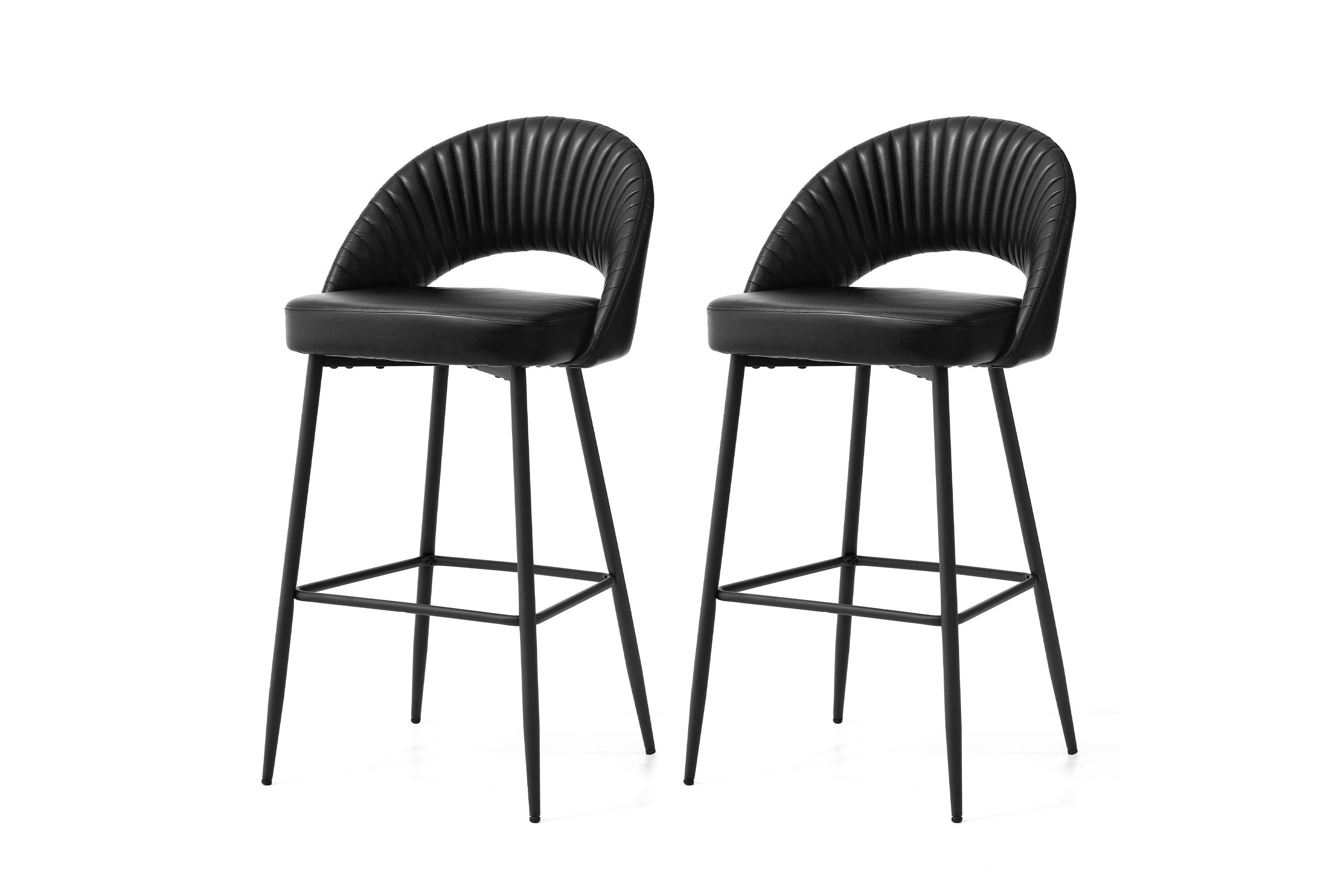Set of 2 Modern Black Quilted Leatherette Bar Stool with Metal Tapered Legs